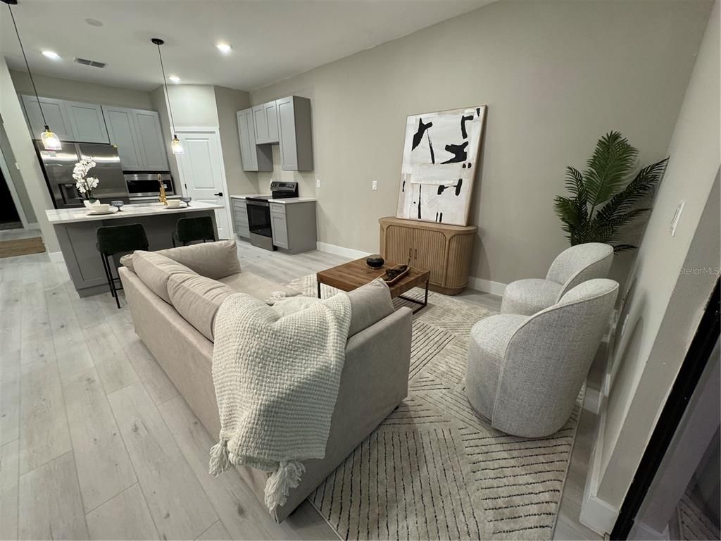 Interior, Kitchen, Living room, Pendant Lights, Recessed Lighting, Stainless Steel Appliances, Wood Texture Flooring