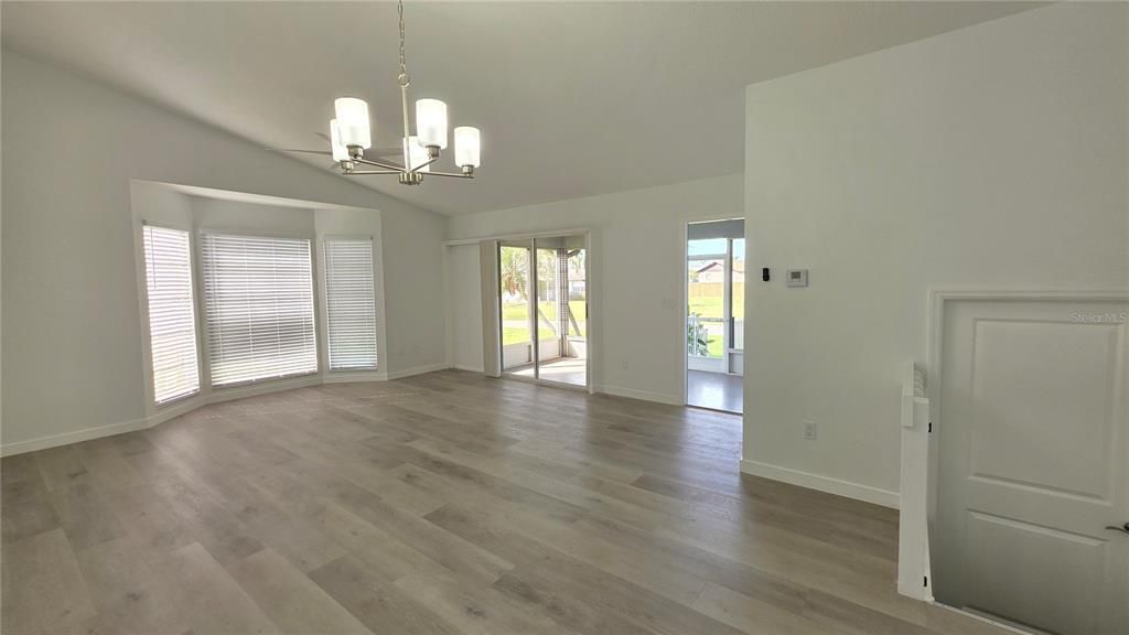 Chandelier, Empty room, Interior, Pendant Lights, Wood Texture Flooring