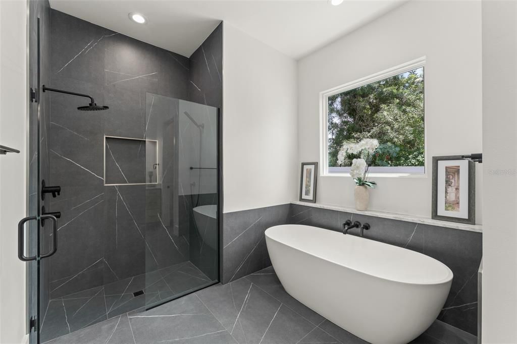 Bathroom, Free Standing Baths, Glass Shower, Interior, Marble Walls, Recessed Lighting