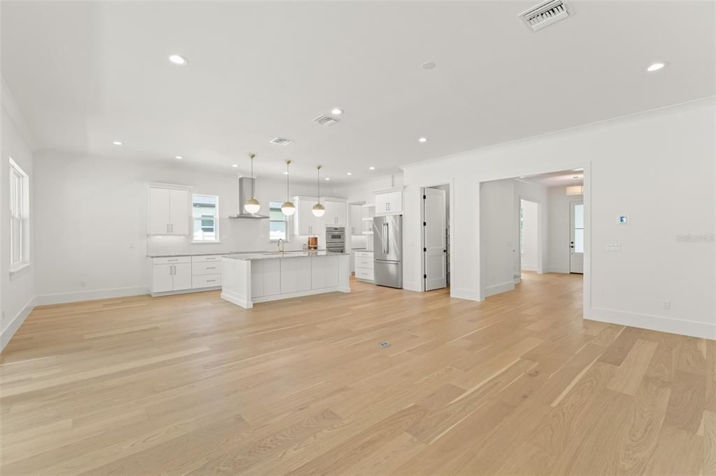 Empty room, Interior, Kitchen, Pendant Lights, Recessed Lighting, Wood Texture Flooring