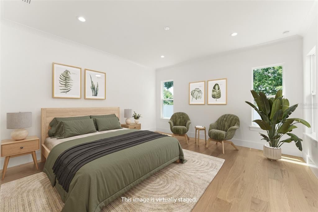 Bedroom, Interior, Recessed Lighting, Wood Texture Flooring