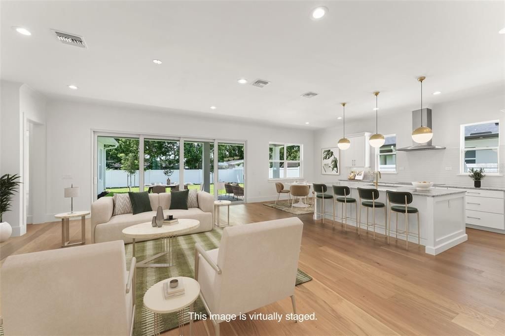 Dining room, Interior, Kitchen, Living room, Pendant Lights, Recessed Lighting, Wood Texture Flooring