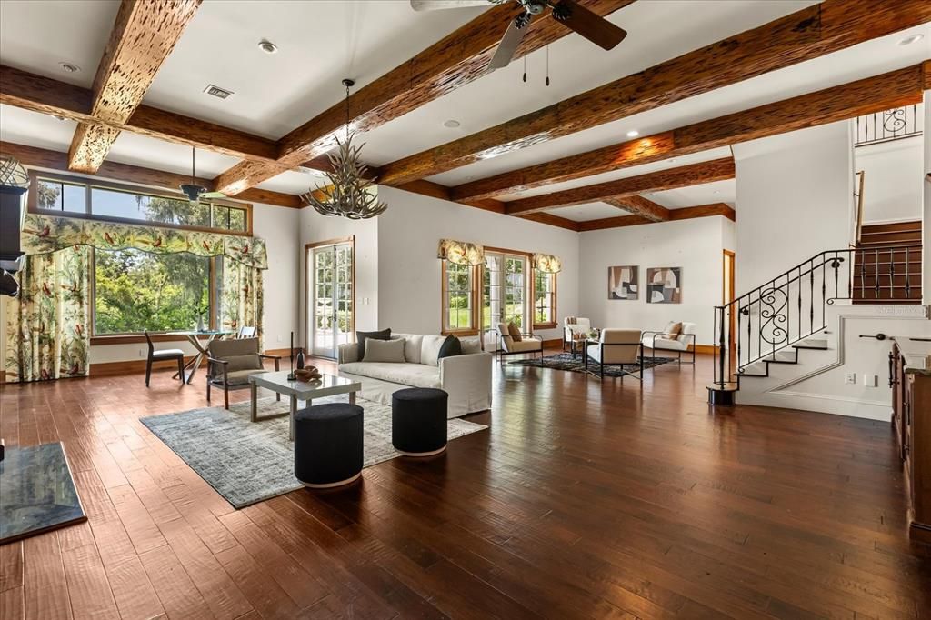 Interior, Living room, Pendant Lights, Recessed Lighting, Wooden Beams, Wood Texture Flooring