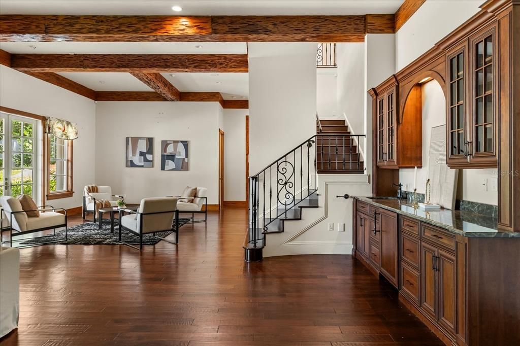 Interior, Living room, Recessed Lighting, Wooden Beams, Wood Texture Flooring
