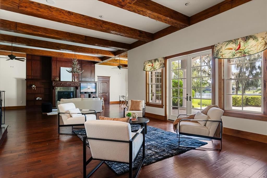 Fireplace, Interior, Living room, Wooden Beams, Wood Texture Flooring