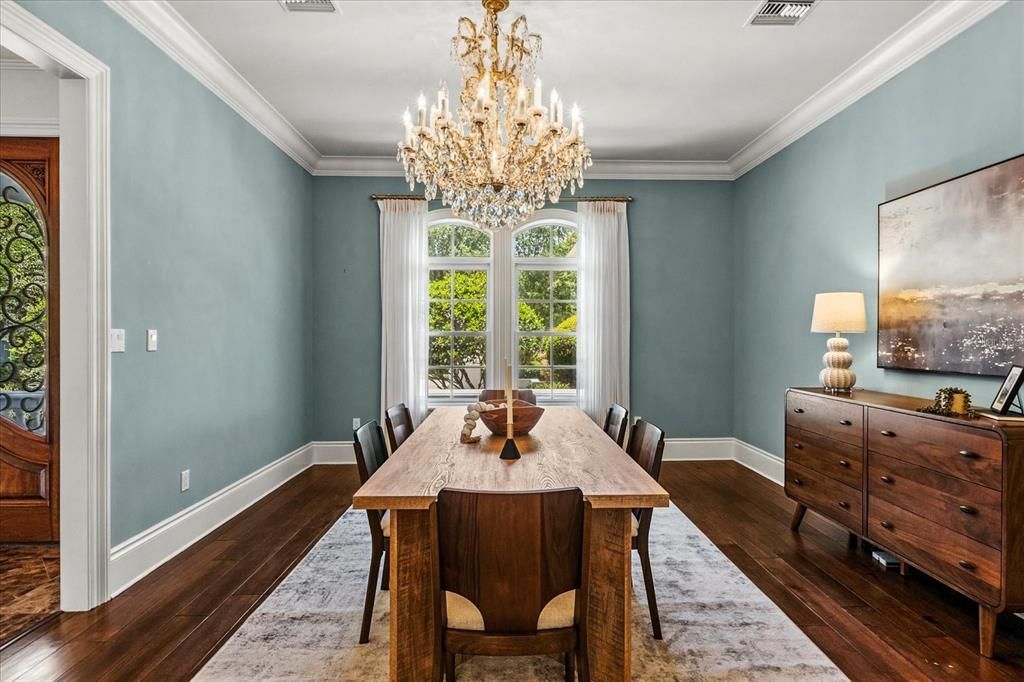 Chandelier, Dining room, Interior, Wood Texture Flooring