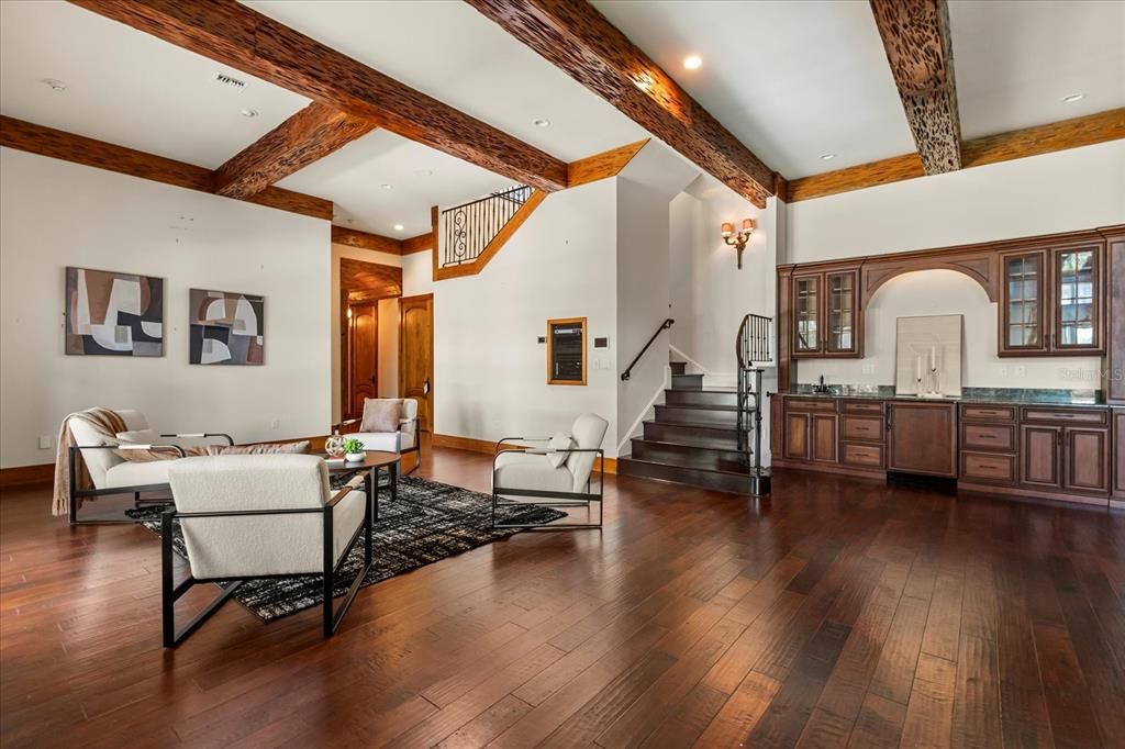 Interior, Living room, Recessed Lighting, Wooden Beams, Wood Texture Flooring