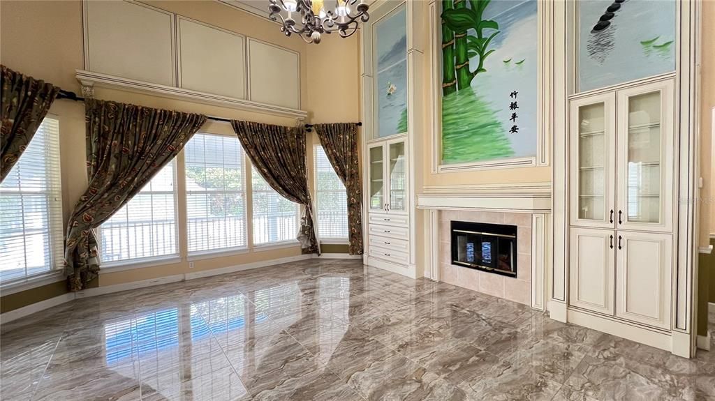 Chandelier, Empty room, Fireplace, Interior, Marble