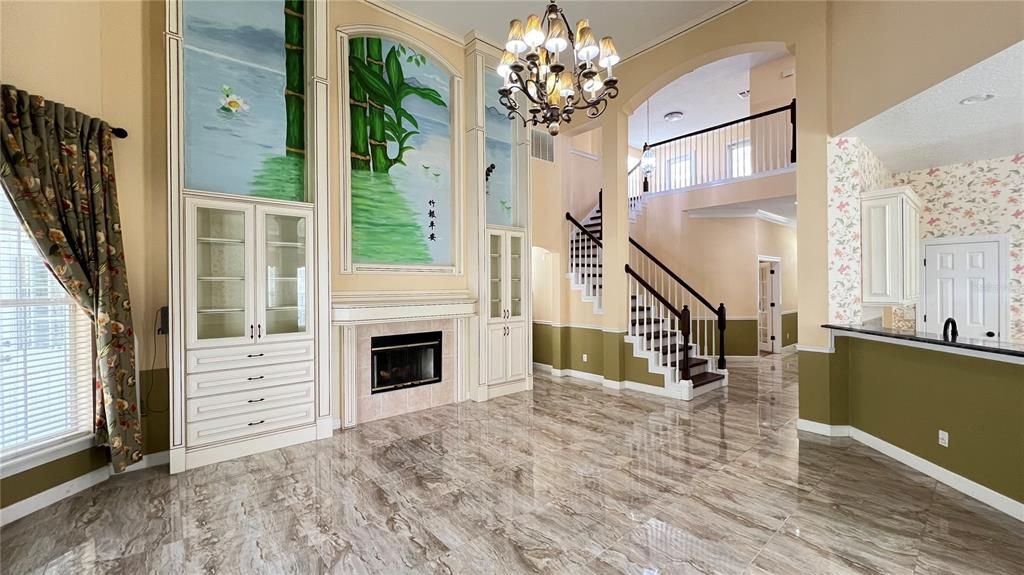 Chandelier, Fireplace, Interior, Marble, Recessed Lighting