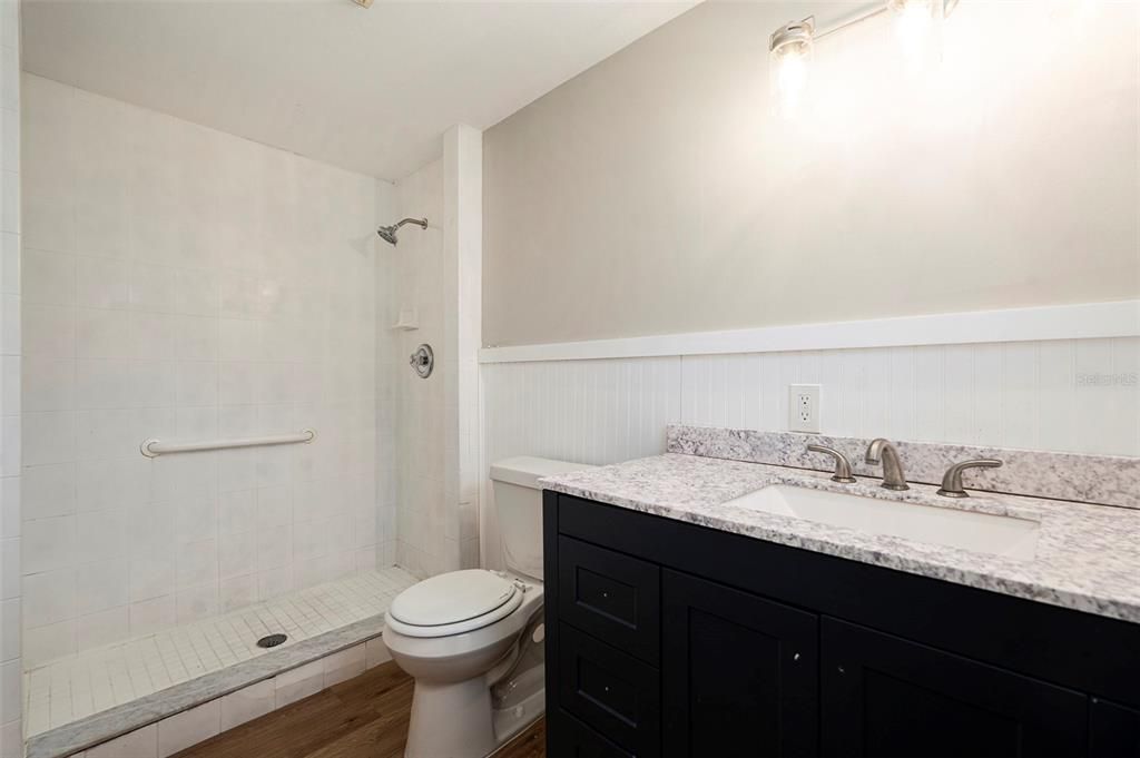 Bathroom, Glass Shower, Interior, Wood Texture Flooring
