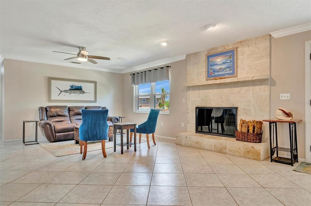Dining room, Fireplace, Interior, Recessed Lighting, Stone Walls
