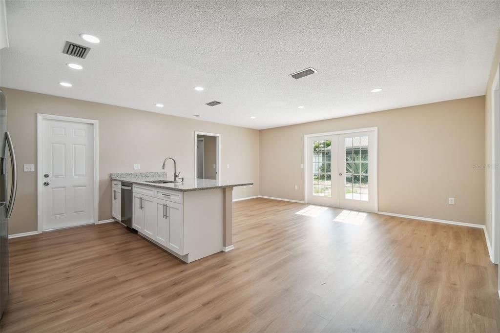 Empty room, Interior, Kitchen, Recessed Lighting, Wood Texture Flooring