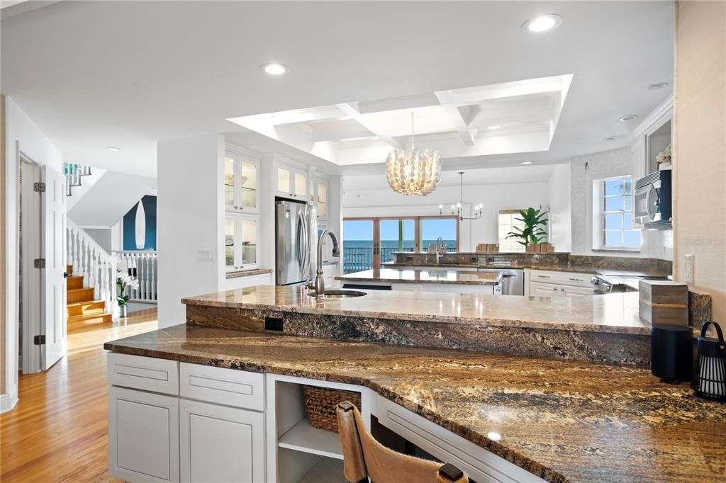 Chandelier, Interior, Kitchen, Pendant Lights, Recessed Lighting, Stainless Steel Appliances, Water, Wood Texture Flooring