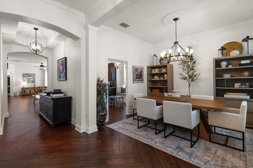 Chandelier, Dining room, Interior, Pendant Lights, Wood Texture Flooring