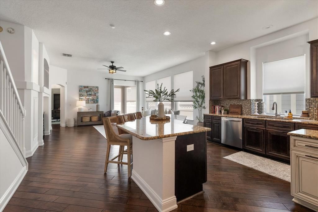 Dining room, Interior, Kitchen, Recessed Lighting, Wood Texture Flooring