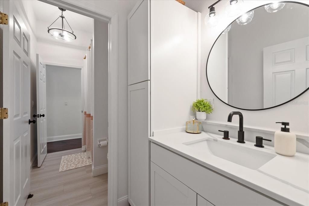 Bathroom, Dual Sink Vanities, Interior, Pendant Lights, Wood Texture Flooring