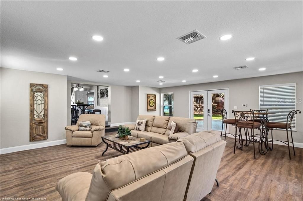 Dining room, Interior, Living room, Recessed Lighting, Wood Texture Flooring