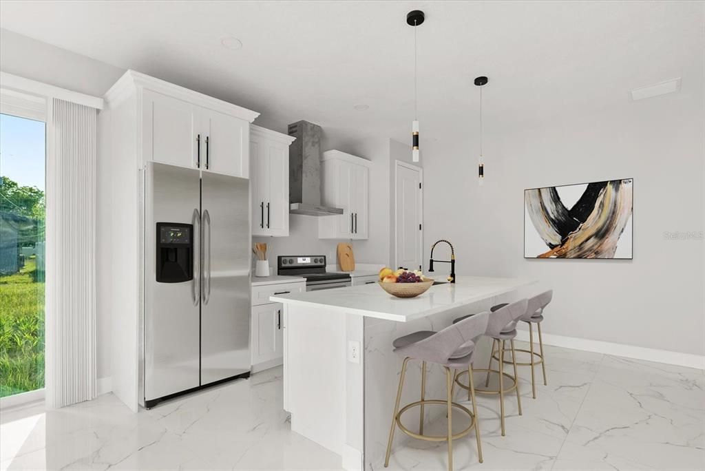 Interior, Kitchen, Marble, Pendant Lights, Recessed Lighting, Stainless Steel Appliances