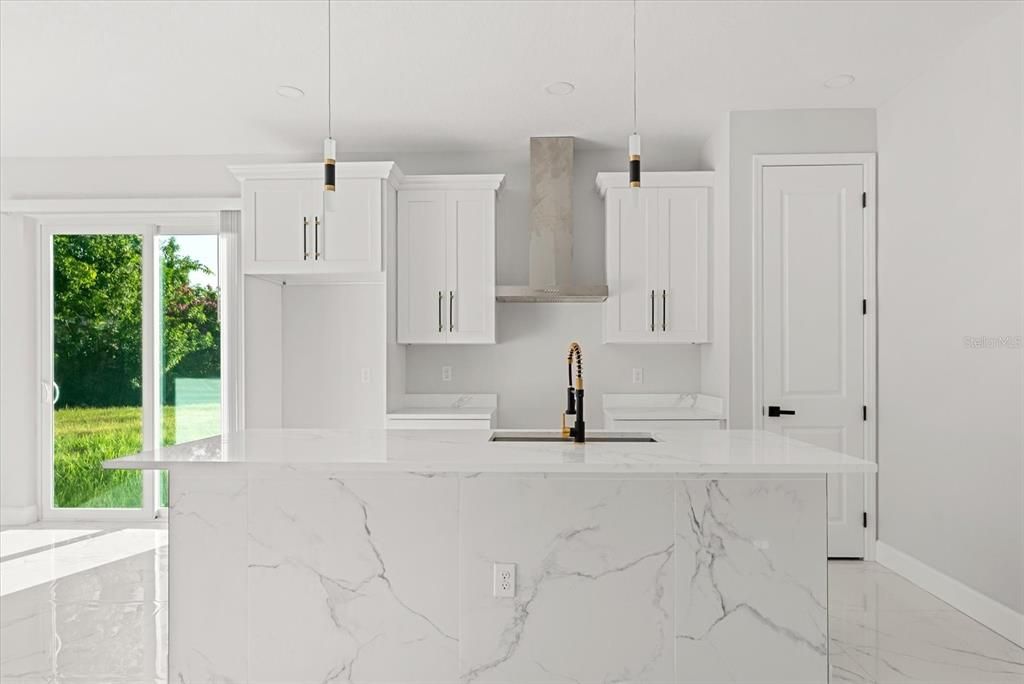 Interior, Kitchen, Marble, Marble Walls, Pendant Lights