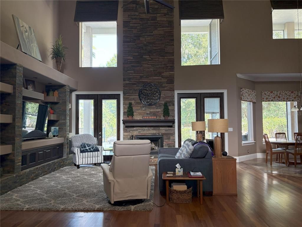 Dining room, Fireplace, Interior, Living room, Stone Walls, Wood Texture Flooring