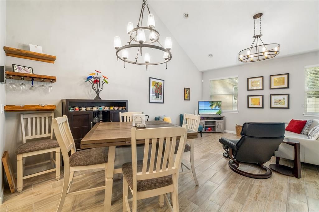 Chandelier, Dining room, Fireplace, Interior, Pendant Lights, Wood Texture Flooring