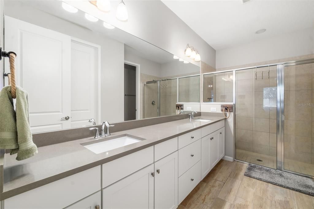 Bathroom, Dual Sink Vanities, Glass Shower, Interior, Wood Texture Flooring