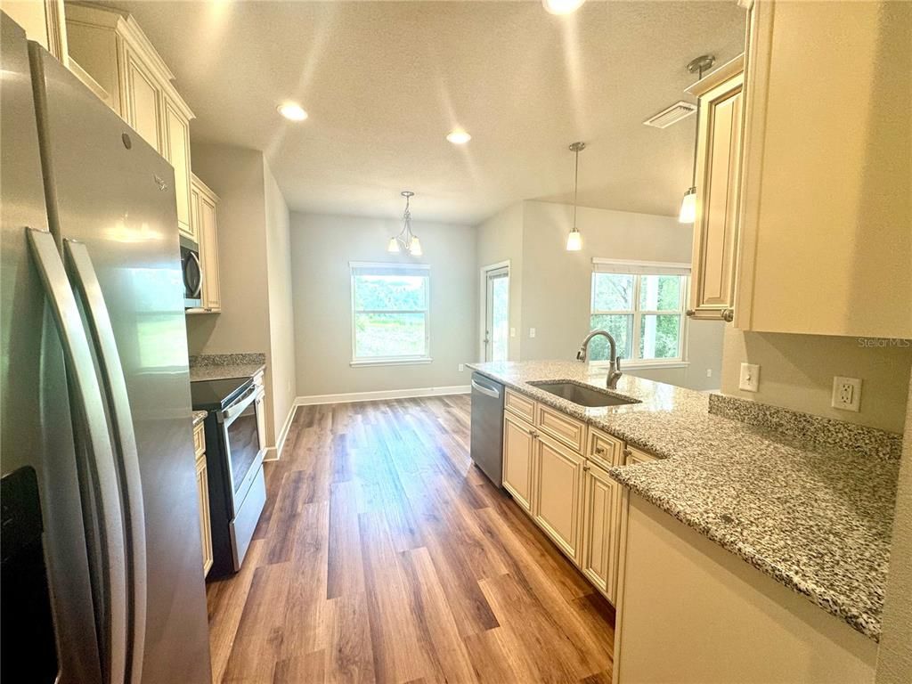 Interior, Kitchen, Pendant Lights, Recessed Lighting, Wood Texture Flooring
