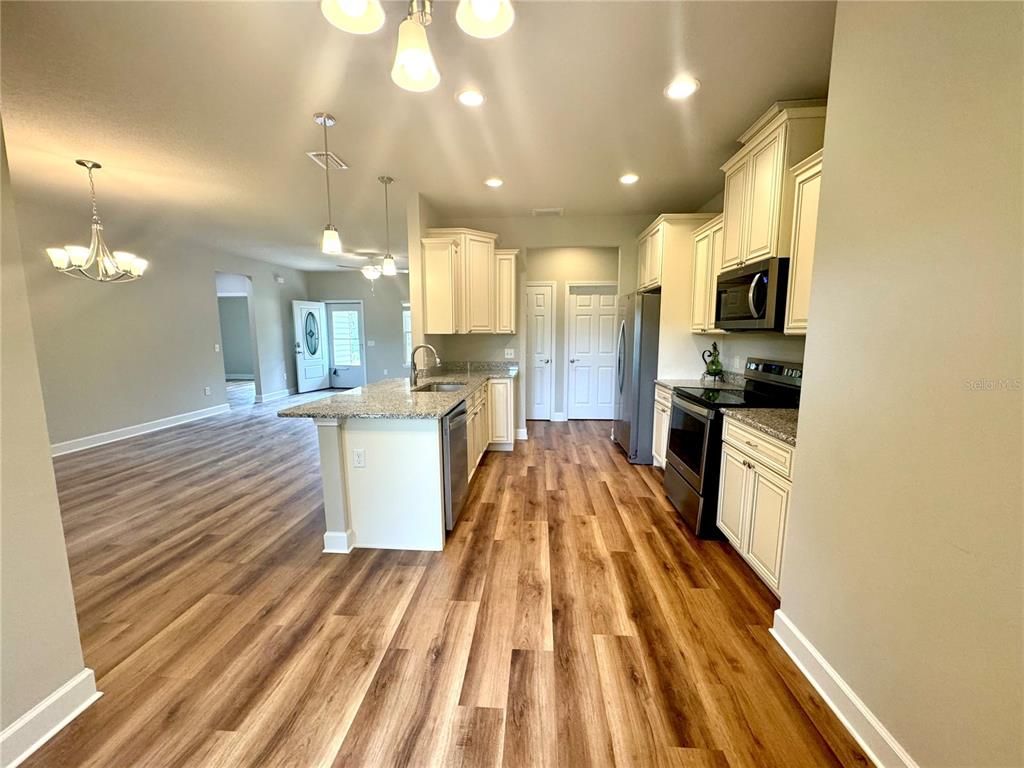 Chandelier, Interior, Kitchen, Pendant Lights, Recessed Lighting, Wood Texture Flooring