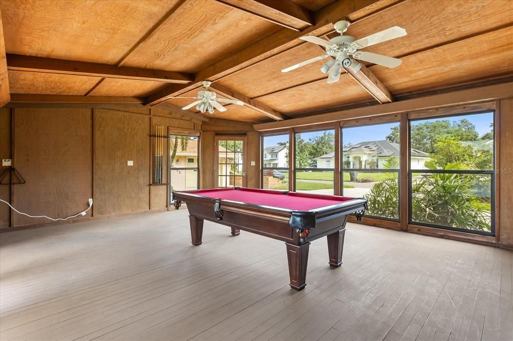 Billiard Table, Game Room, Interior, Wooden Beams, Wooden Ceilings, Wood Texture Flooring, Wooden Walls