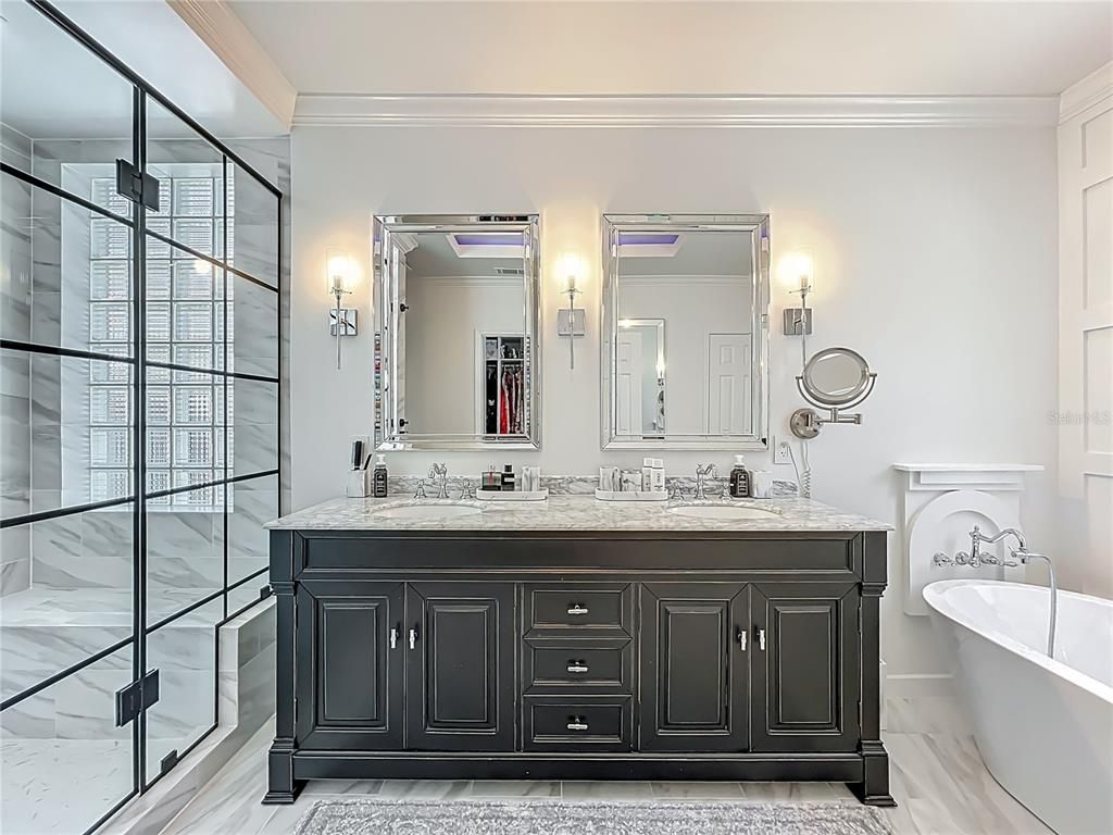 Bathroom, Dual Sink Vanities, Free Standing Baths, Interior, Marble