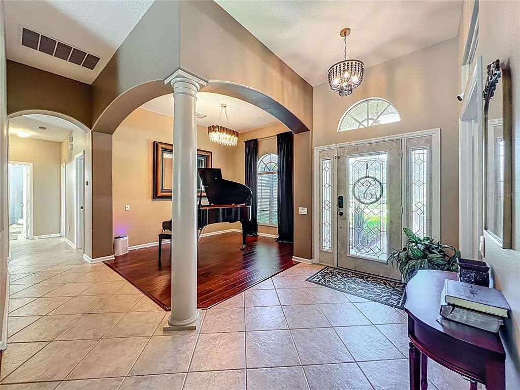 Chandelier, Interior, Pendant Lights, Piano, Wood Texture Flooring