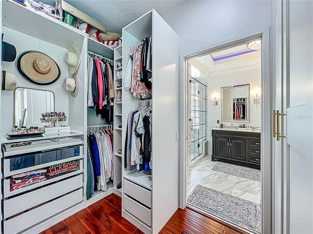 Bathroom, Dual Sink Vanities, Interior, Marble, Walk-in Closets, Wood Texture Flooring