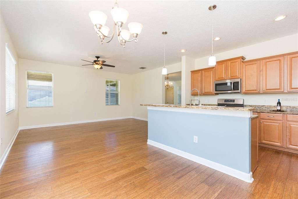Chandelier, Empty room, Interior, Kitchen, Pendant Lights, Recessed Lighting, Wood Texture Flooring