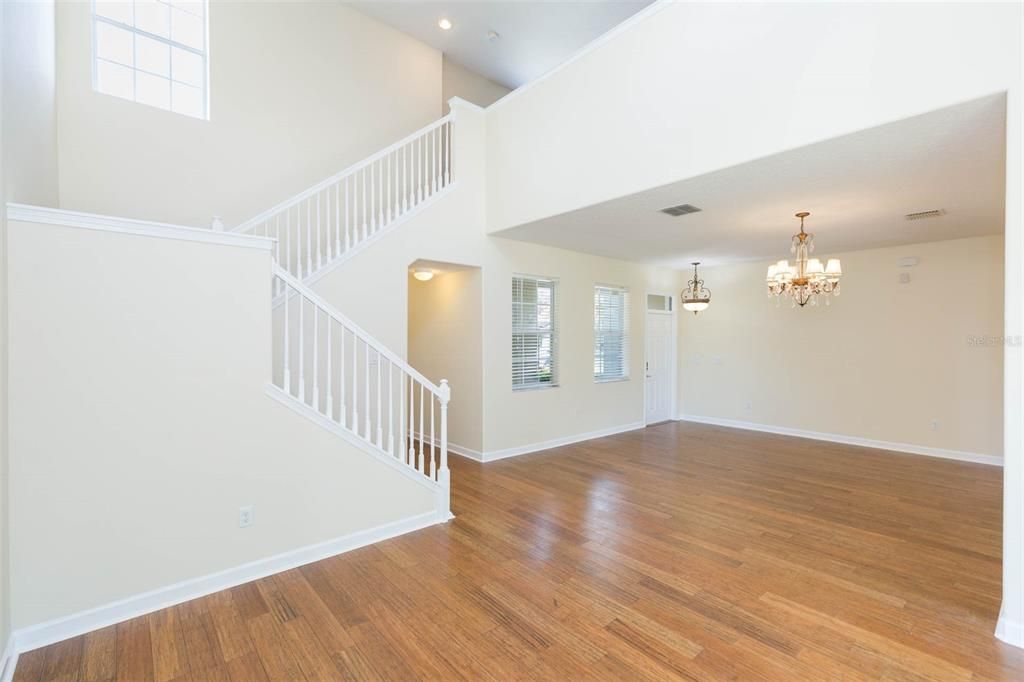 Chandelier, Empty room, Interior, Recessed Lighting, Wood Texture Flooring