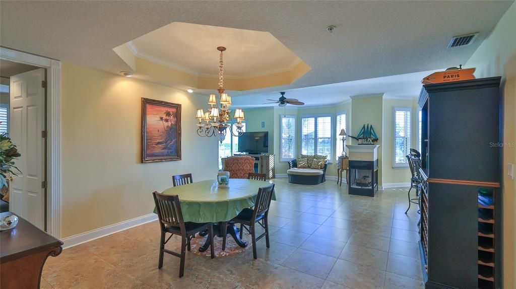 Chandelier, Dining room, Fireplace, Interior, Living room, Recessed Lighting