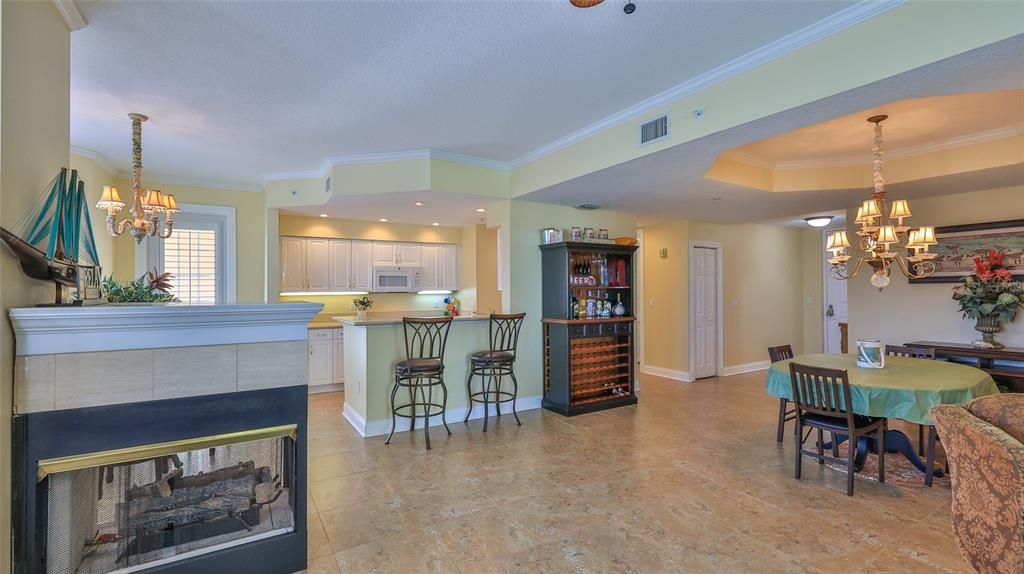Chandelier, Dining room, Fireplace, Interior, Kitchen, Recessed Lighting