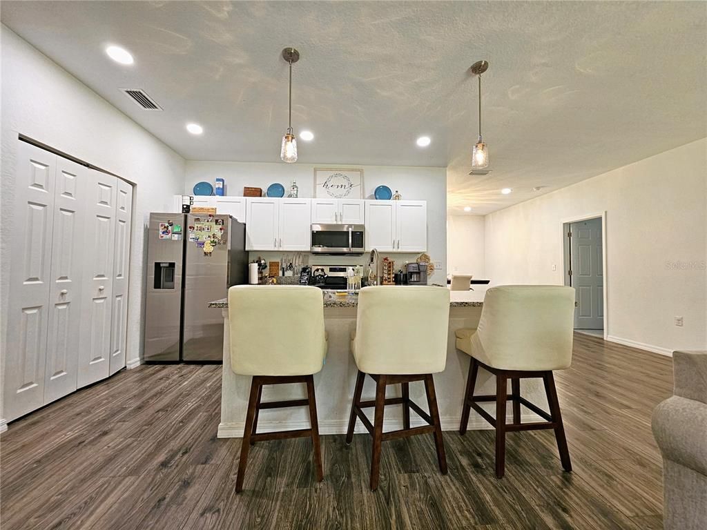 Interior, Kitchen, Pendant Lights, Recessed Lighting, Wood Texture Flooring