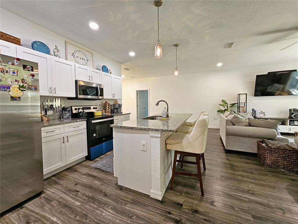 Interior, Kitchen, Living room, Pendant Lights, Recessed Lighting, Stainless Steel Appliances, Wood Texture Flooring