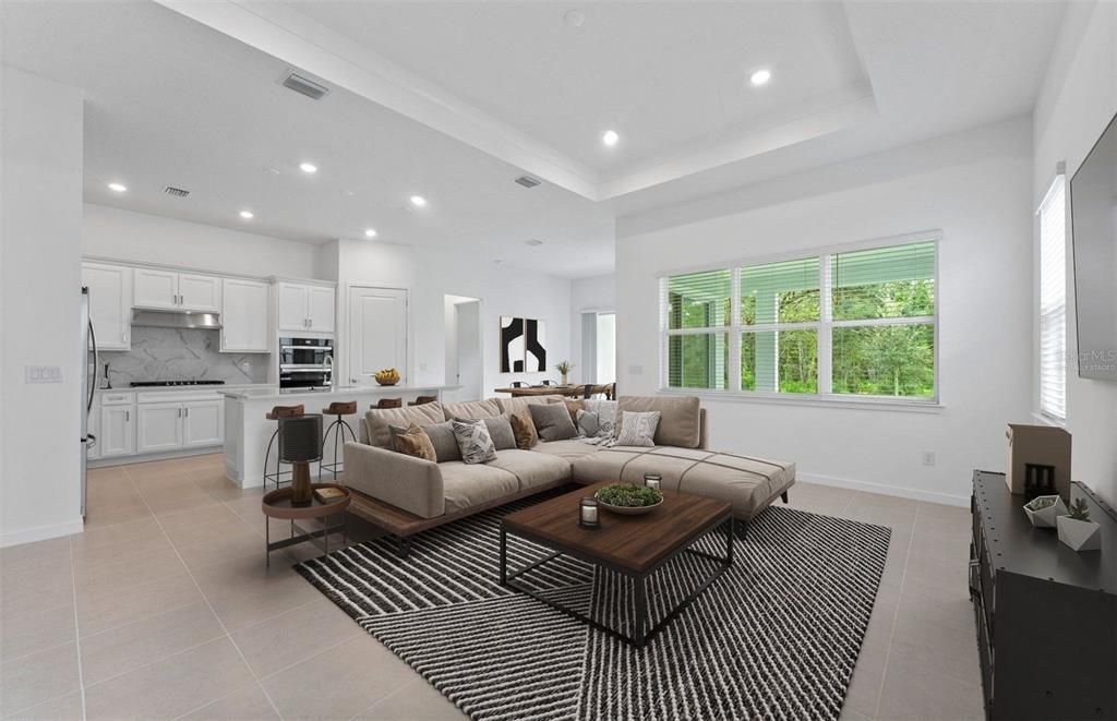 Interior, Kitchen, Living room, Marble Walls, Recessed Lighting, Stainless Steel Appliances