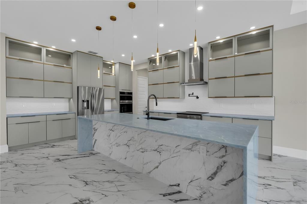 Interior, Kitchen, Marble, Pendant Lights, Recessed Lighting, Stainless Steel Appliances