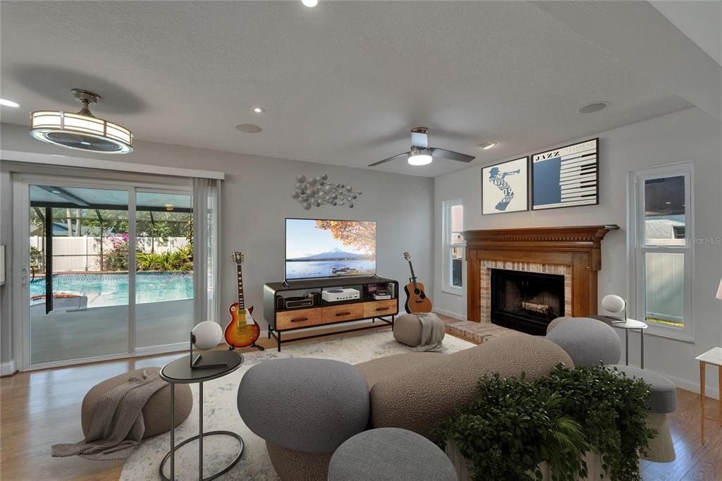 Fireplace, Interior, Living room, Recessed Lighting, Wood Texture Flooring