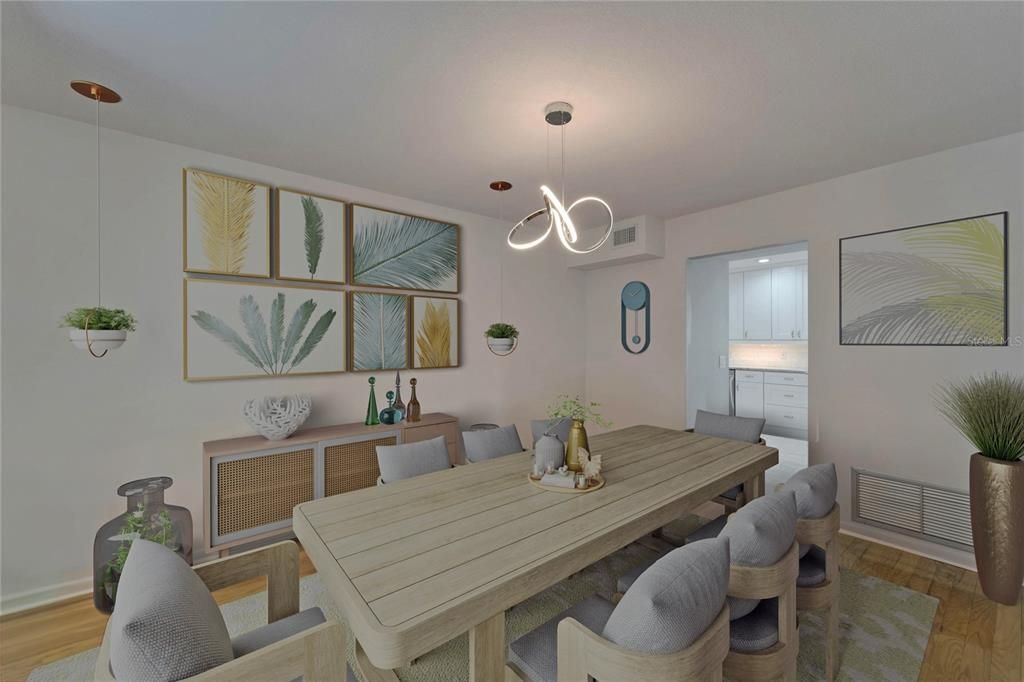 Dining room, Interior, Pendant Lights, Recessed Lighting, Wood Texture Flooring