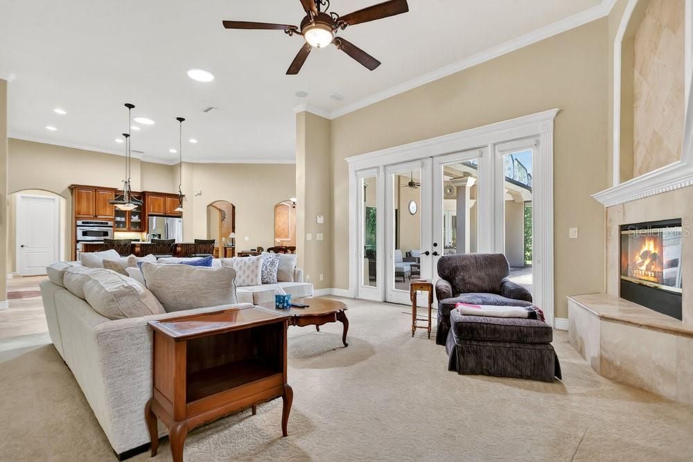 Fireplace, Interior, Kitchen, Living room, Pendant Lights, Recessed Lighting, Stainless Steel Appliances