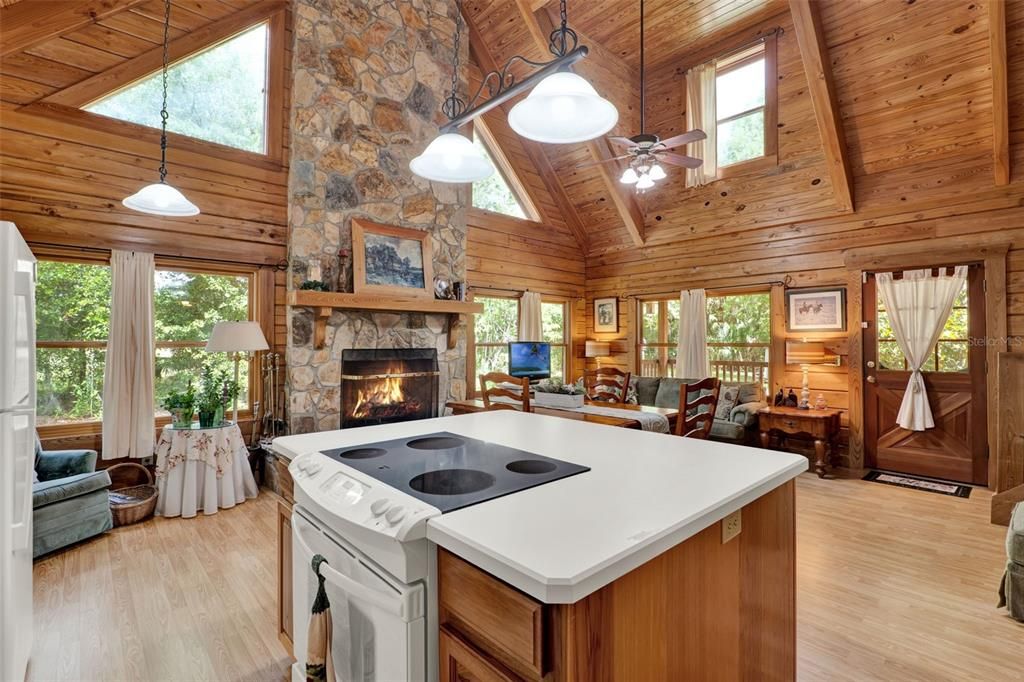 Dining room, Fireplace, Interior, Kitchen, Pendant Lights, Stone Walls, Wooden Beams, Wooden Ceilings, Wood Texture Flooring, Wooden Walls