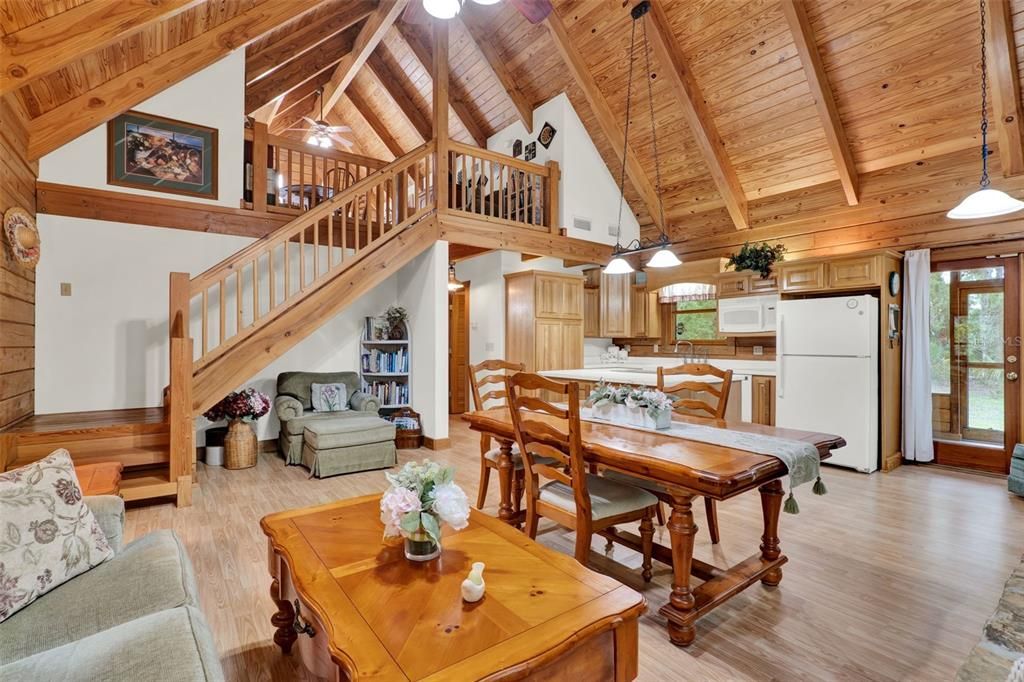 Dining room, Interior, Kitchen, Pendant Lights, Wooden Beams, Wooden Ceilings, Wood Texture Flooring