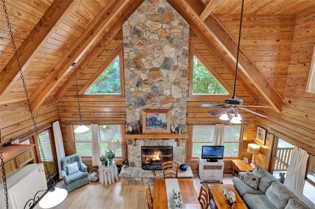 Fireplace, Interior, Living room, Pendant Lights, Stone Walls, Wooden Beams, Wooden Ceilings, Wood Texture Flooring, Wooden Walls