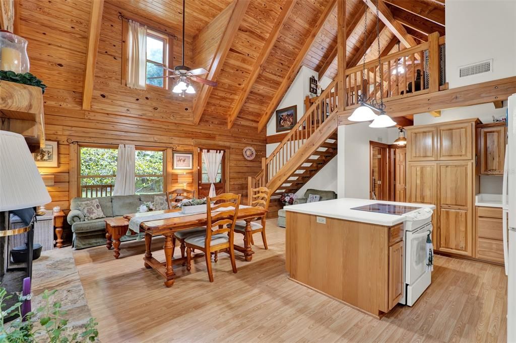 Dining room, Interior, Kitchen, Living room, Pendant Lights, Wooden Beams, Wooden Ceilings, Wood Texture Flooring, Wooden Walls