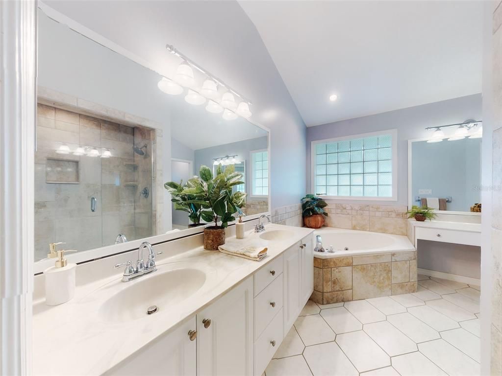 Bathroom, Dual Sink Vanities, Glass Shower, Interior, Recessed Lighting