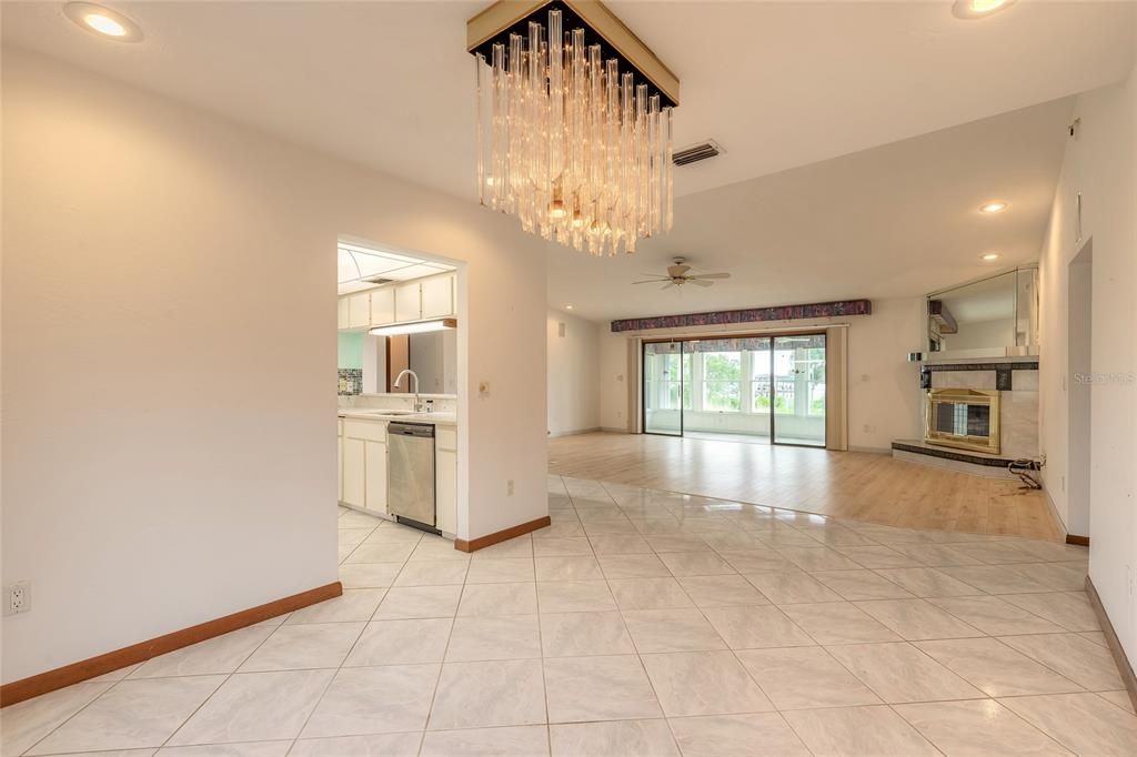 Chandelier, Fireplace, Interior, Kitchen, Recessed Lighting