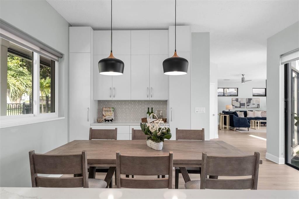 Dining room, Interior, Pendant Lights, Wood Texture Flooring
